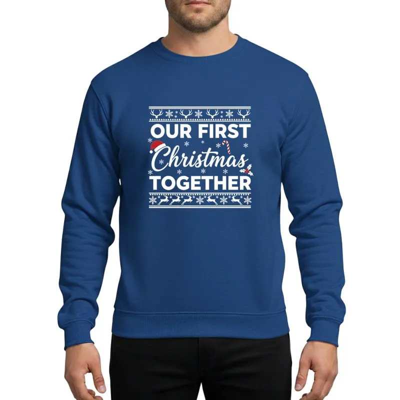 Newlyweds' White & Red 'OUR FIRST Christmas TOGETHER' with Santa Hat, Candy Cane, Holly, Snowflake, Antler & Reindeer Borders Sweatshirt - 1