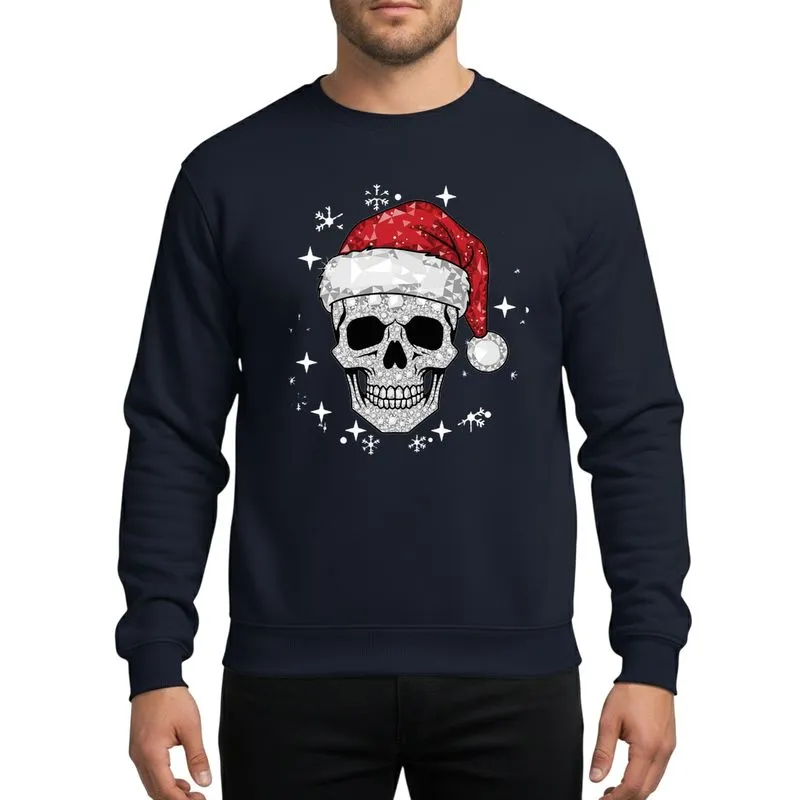 Edgy Holiday Fans' Faceted Skull with Santa Hat, Shimmering Silver & Ruby Red Rhinestone Style, White Snowflakes & Stars Sweatshirt - 1