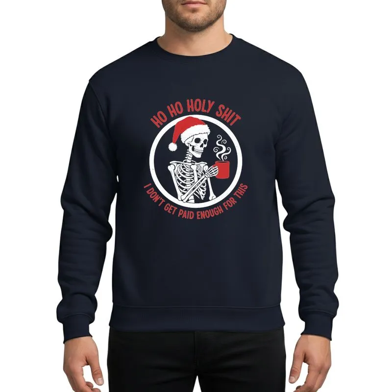 Humorous Holiday Fans' Distressed Hand-Drawn White Skeleton Red Santa Hat Steaming Mug Circle Design Sweatshirt - 1