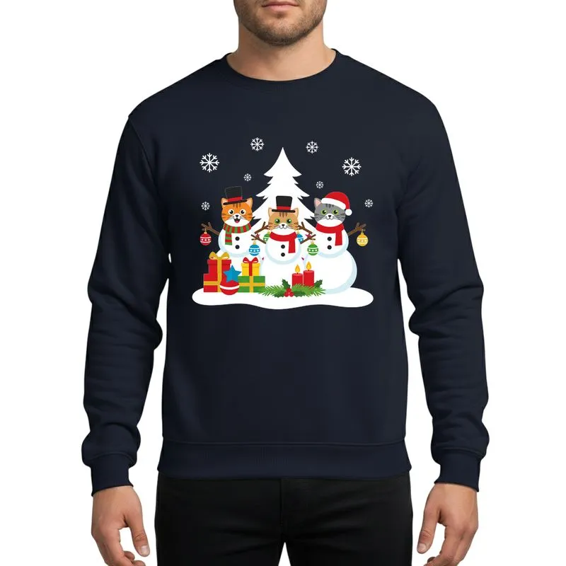 Cat Lovers' Vibrant Festive Cat Snowman Trio: Orange, Brown, Grey Tabbies in Santa Hat & Top Hats, Red & Green Gifts & Ornaments Sweatshirt - 1