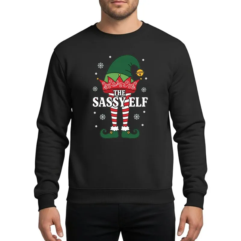 Family & Friends Whimsical Festive Elf Design with Forest Green Hat, Red Striped Legs & 'The Sassy Elf' Typography Sweatshirt - 1