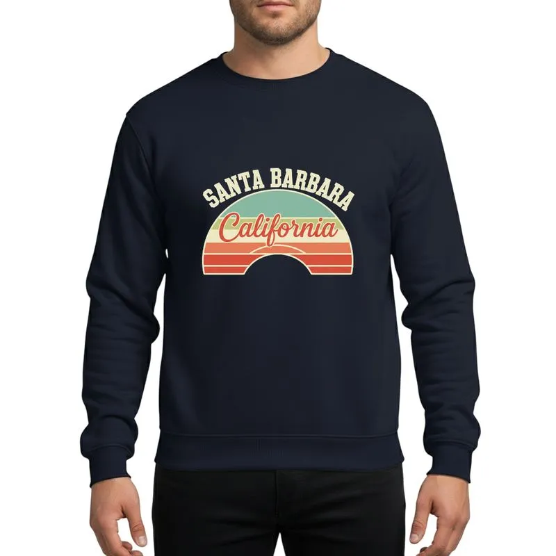 California Lovers' Vintage Retro Santa Barbara Collegiate Cream Off-White Text California Script Abstract Sunset Teal Olive Red-Orange Waves Sweatshirt - 1