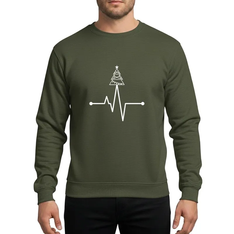 Festive Celebrators' White Minimalist Heartbeat Wave Christmas Tree Art Sweatshirt - 1