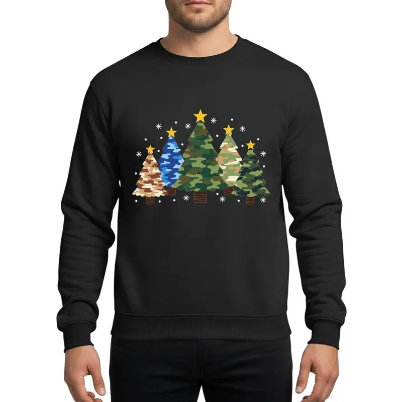 Modern Holiday Style Five Stylized Camo Christmas Trees with Desert Blue Woodland Earth Tone Tactical Patterns, Yellow Stars & Snowflakes Sweatshirt - 1