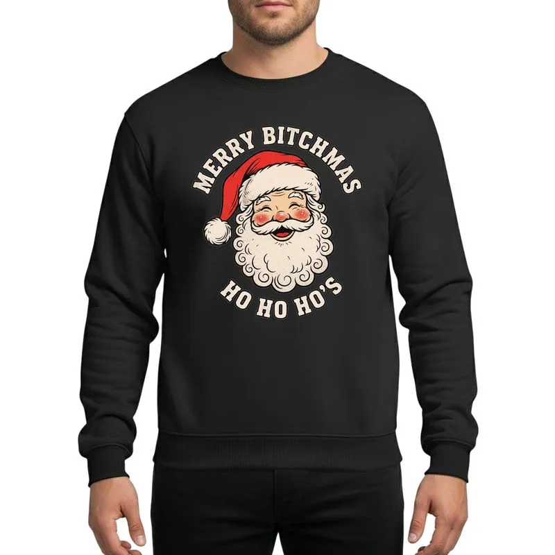Funny Christmas Enthusiasts' Retro Distressed Cheerful Santa Head Red Hat Off-White Beard Bold Block Text Ho Ho Ho's Sweatshirt - 1