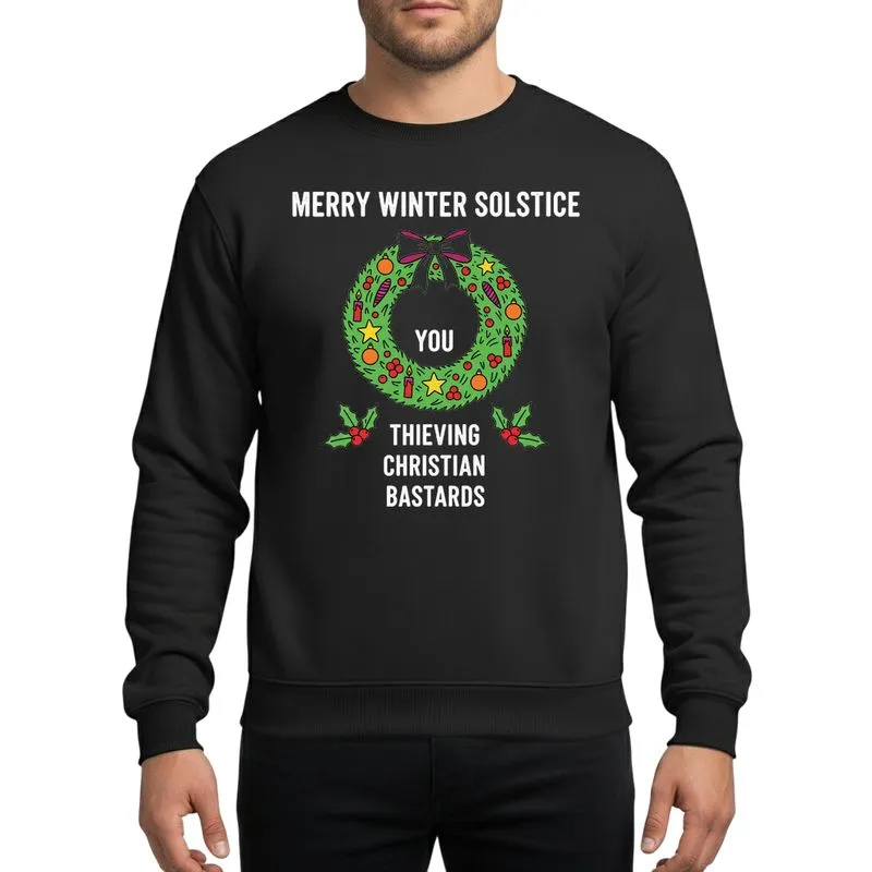 Alternative Holiday Celebrators Distressed White Merry Winter Solstice Wreath & Holly Graphic Magenta Art Sweatshirt - 1