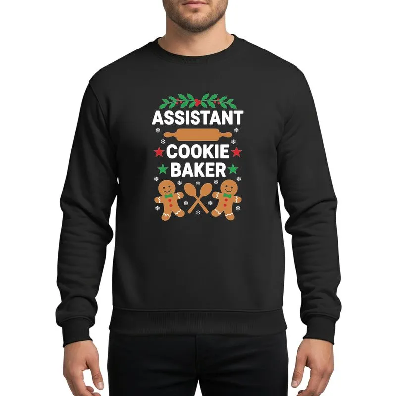 Christmas Baking Enthusiasts' Festive White 'Assistant Cookie Baker' Typography, Holly Garland, Gingerbread Men & Snowflakes Sweatshirt - 1