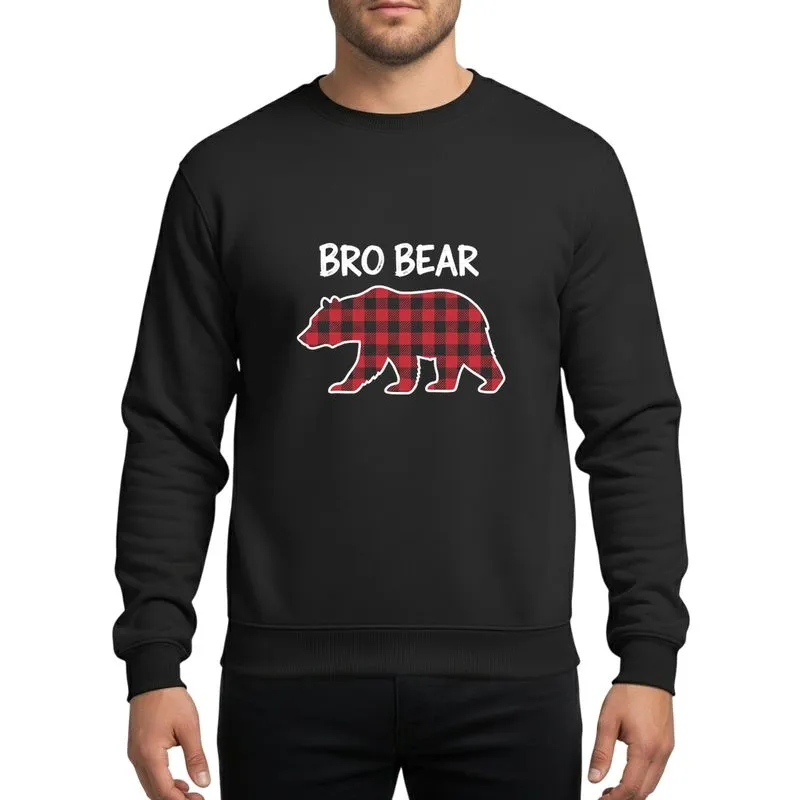 Brotherhood Enthusiasts' Bold Red Black Buffalo Plaid Stylized Walking Bear Silhouette Distressed White 'BRO BEAR' Script Sweatshirt - 1