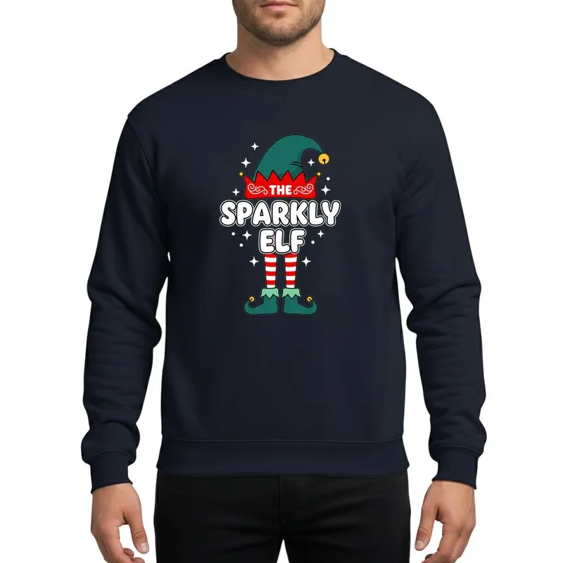 Holiday Gatherings' Whimsical Sparkly Elf Art with Dark Teal, Bright Red Stripes, Gold Bells Sweatshirt - 1