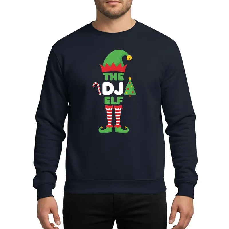 Christmas Enthusiasts' Festive Flat Green DJ Elf Hat Yellow Bell Candy Cane Christmas Tree Striped Elf Legs Design Sweatshirt - 1