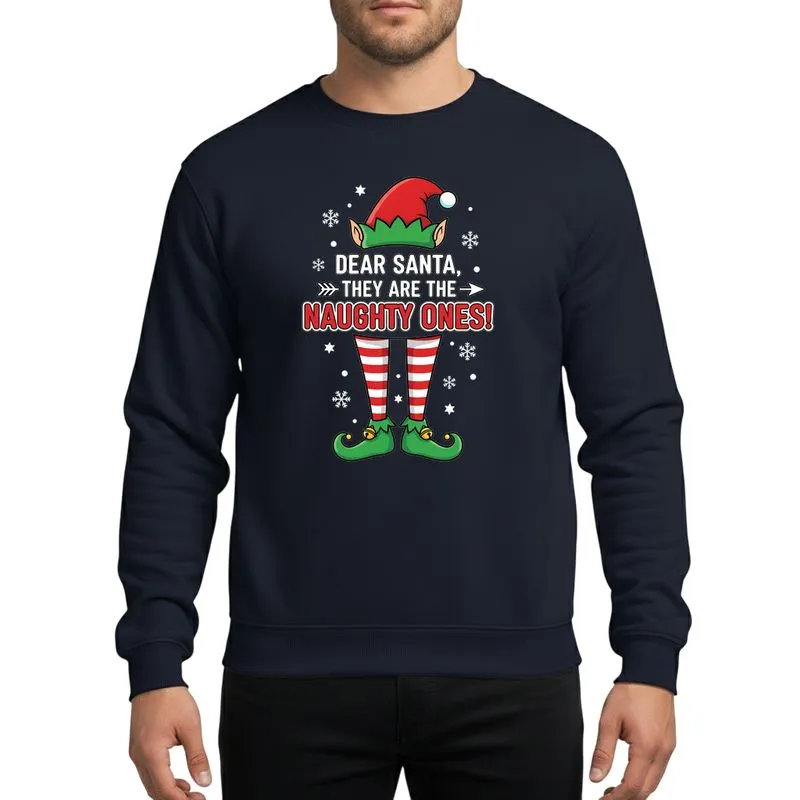 Holiday Fun Lovers' Humorous Red Green White Elf Hat Naughty Ones Striped Legs Cartoon Sweatshirt - 1