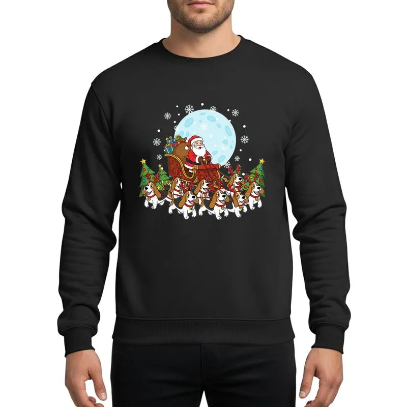 Basset Hound Lovers' Whimsical Christmas Santa Sleigh Ride with Eight Tri-Color Basset Hounds, Snowflakes & Trees Sweatshirt - 1