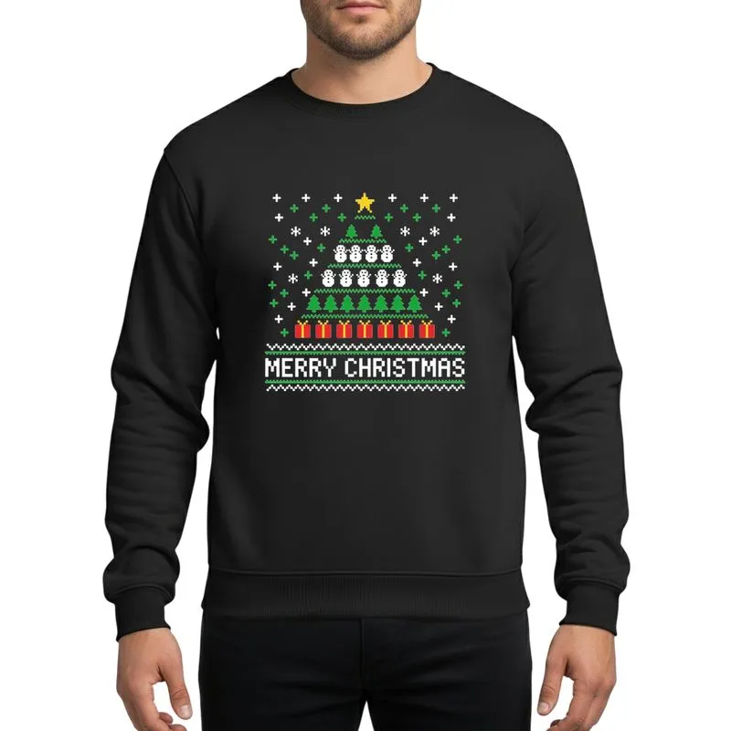 Christmas Enthusiasts' Pixel Art Ugly Christmas Sweater Tree with White Snowmen, Green Trees, Red Gifts, Yellow Star, and Merry Christmas Text Sweatshirt - 1
