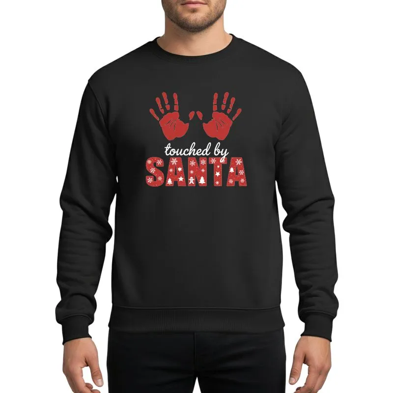 Holiday Cheer Advocates' Vibrant Red Distressed Handprints, 'Touched by SANTA' Grunge Typography, White Christmas Icons Sweatshirt - 1