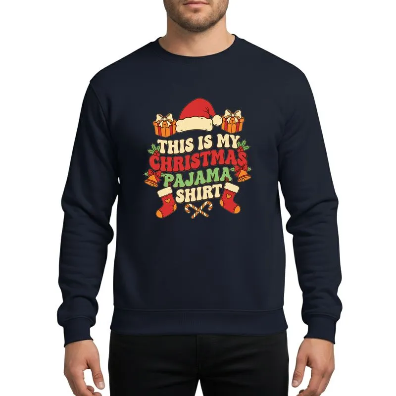 Christmas Lovers' Retro Typographic Festive Phrase, Santa Hat, Gift Boxes, Stockings, Candy Canes in Red Green Yellow Sweatshirt - 1