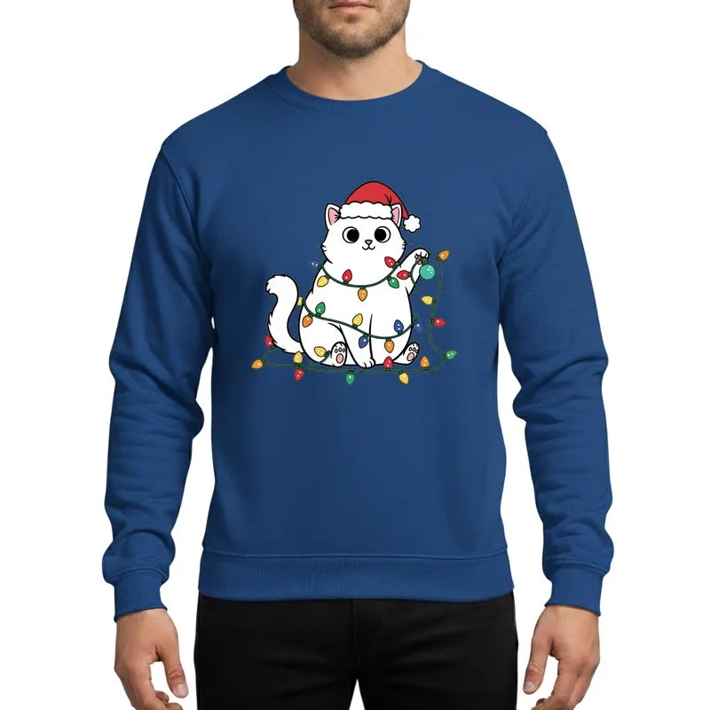 Cat Lovers' Whimsical White Cat in Red Santa Hat with Vivid Rainbow Christmas Lights Artwork Sweatshirt - 1