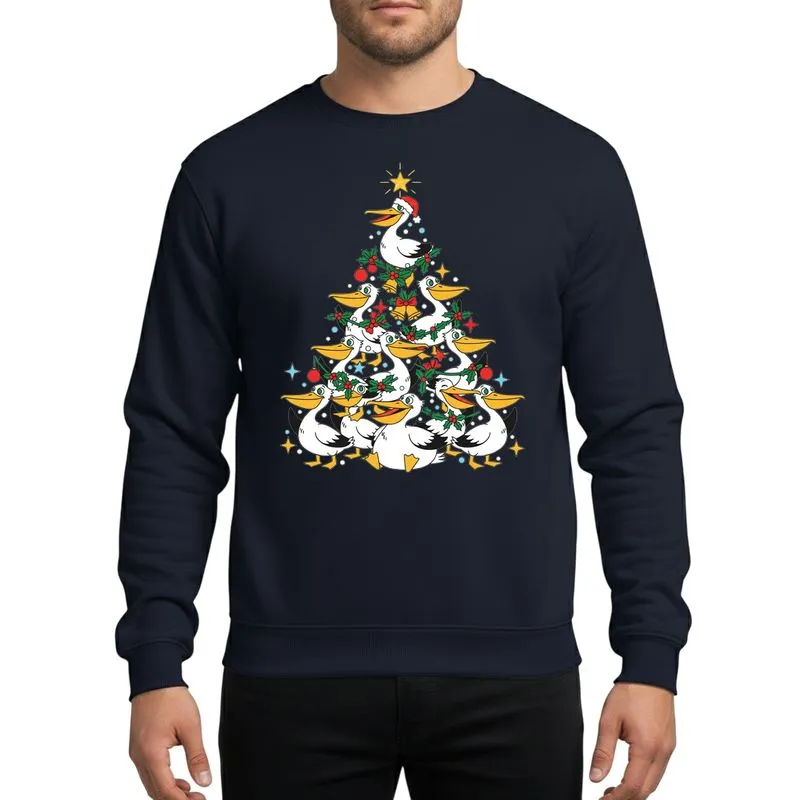 Bird Lovers' Whimsical Flat-Color Pelican Christmas Tree with Holly, Red Berries & Gold Stars Sweatshirt - 1