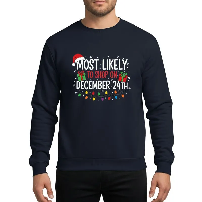 Holiday Humor Fan White Red Green Christmas Shopping Script Santa Hat Gift Boxes Festive Lights Snowflakes Sweatshirt - 1