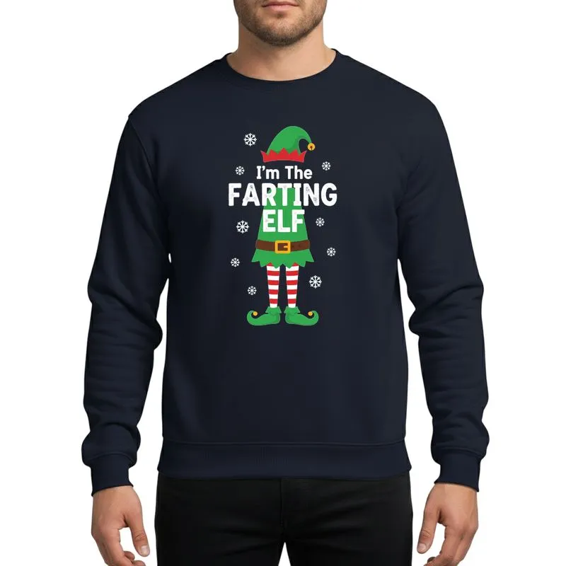 Christmas Family Fun Lovers Whimsical Elf Legs Red-White Striped Stockings Green Shoes Gold Bells Brown Belt Humorous White Text Green-Red Hat White Snowflake Art Sweatshirt - 1
