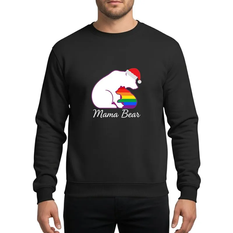 Moms' White Mama Bear Rainbow Horizontal Striped Cub Christmas Santa Hat Design Sweatshirt - 1