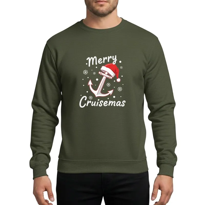 Holiday Cruise Enthusiasts Hand-Drawn White Nautical Anchor Red Santa Hat Merry Cruisemas Script Snowflakes Sweatshirt - 1