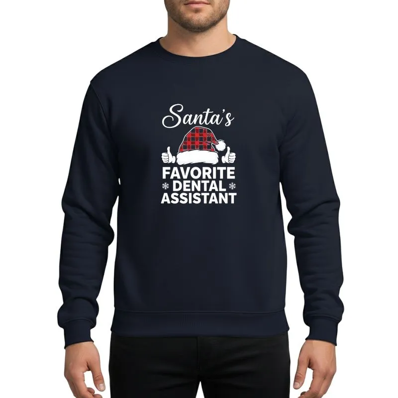 Dental Assistant's Funny White 'Santa's Favorite' Text Red Buffalo Plaid Santa Hat Graphic Sweatshirt - 1