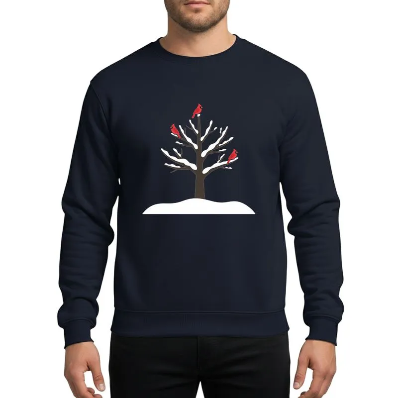 Winter Holiday Lovers' Minimalist Snowy Bare Tree, Three Vibrant Red Cardinals Design Sweatshirt - 1