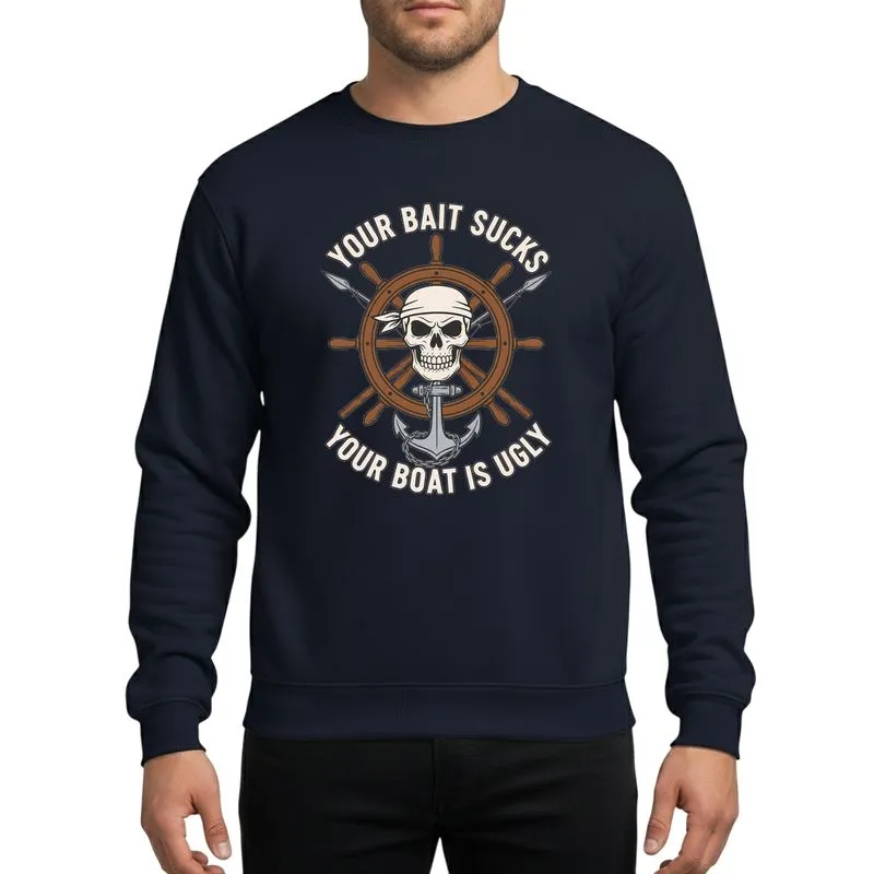 Fishing Enthusiasts' Vintage Nautical Pirate Skull Bone White Ship Wheel Rich Brown Spears Anchor Humor Sweatshirt - 1
