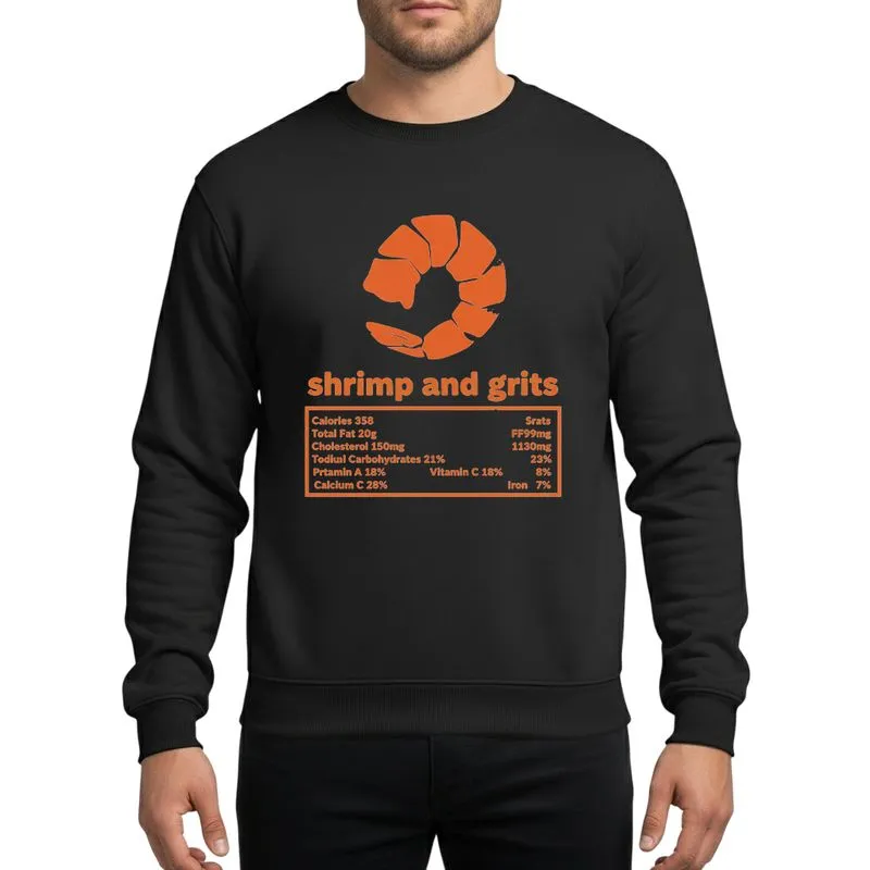 Holiday Food Lovers' Bold Orange Distressed Shrimp Grits Nutrition Facts Panel Design Sweatshirt - 1
