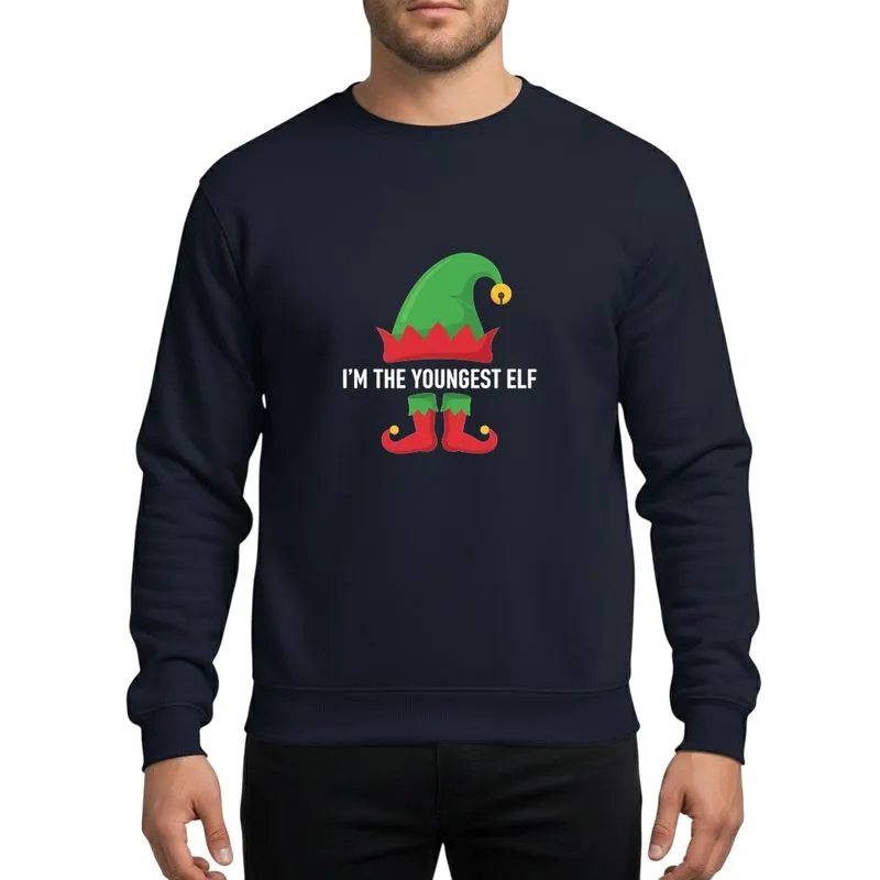 Youngest Family Member Festive Elf Hat Boots Red Green Yellow White 'I'M THE YOUNGEST ELF' Graphic Sweatshirt - 1