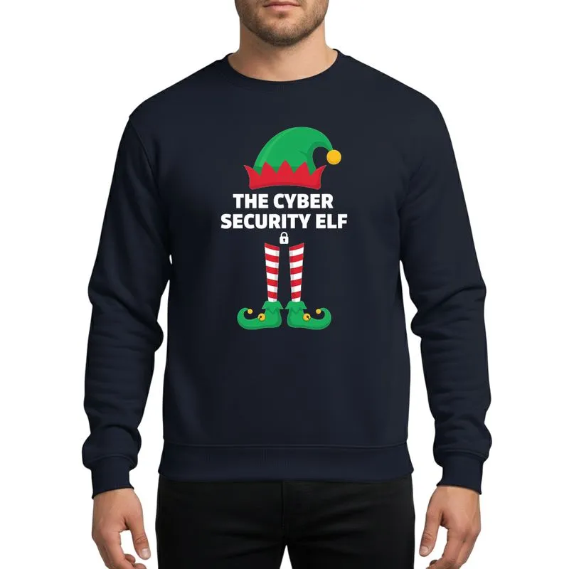 Holiday Tech Lovers' Whimsical Elf Hat Padlock Design, Candy Cane Striped Legs, Green Shoes, Yellow Bells & White Text Sweatshirt - 1
