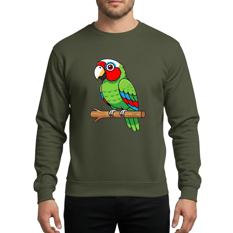 Wildlife Lovers' Vibrant Lime Green Amazon Parrot Flat Cartoon Art White Crown Scarlet Patch Sweatshirt - 1