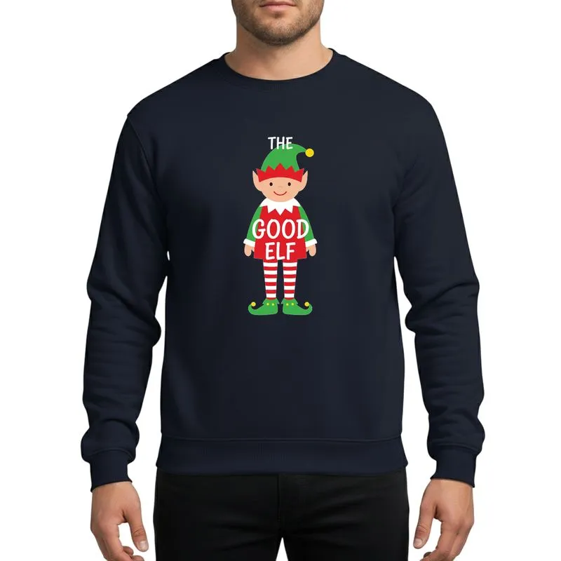 Christmas Group Cheerful Green & Red Cartoon Elf Design with Striped Socks and Whimsical 'THE GOOD ELF' Text Sweatshirt - 1
