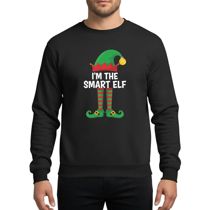 Christmas Enthusiasts' Humorous Flat Vector Elf Character Art: Green Hat Yellow Lightbulb, White 'I'M THE SMART ELF' Text, Red Green Striped Legs Sweatshirt - 1