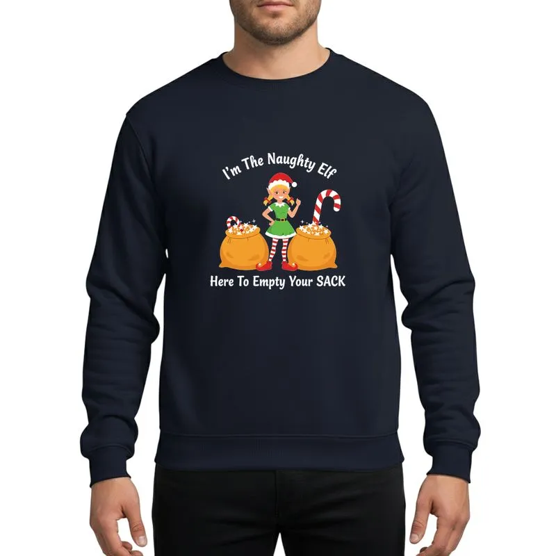 Holiday Humor Enthusiasts' Playful Blonde Elf, Green Dress, Golden Sacks, 'Naughty Elf' Text Sweatshirt - 1