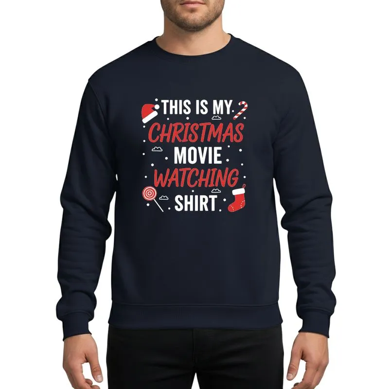Holiday Movie Lovers' Whimsical Red White Christmas Movie Watching Script Typography Festive Santa Hat Candy Cane Stocking Lollipop Elements Sweatshirt - 1