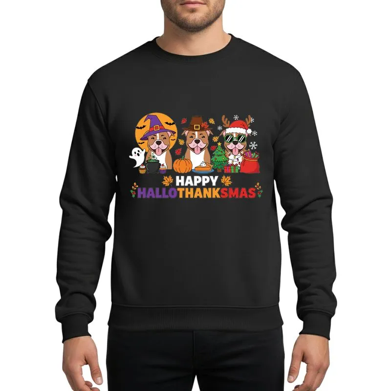 Pit Bull Parents' Cheerful Hallothanksmas Dog Multi-Holiday Witch, Pilgrim, Santa Cartoon Design Sweatshirt - 1