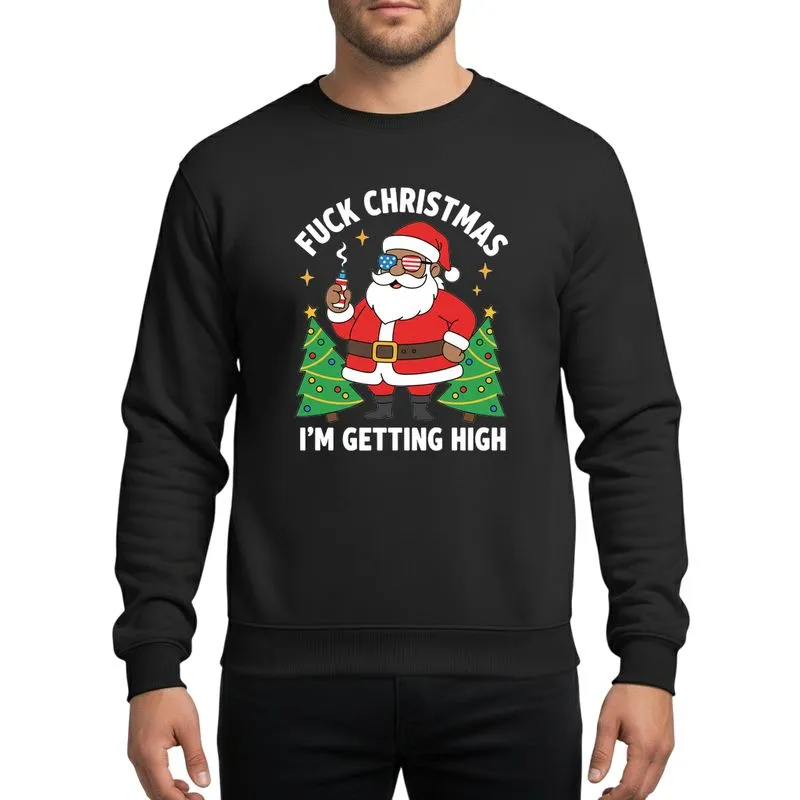 Festive Humor Enthusiasts Bold Smirking Santa American Flag Sunglasses Red Green Magenta Festive Cartoon Sweatshirt - 1