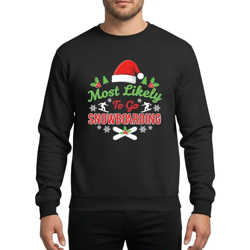 Snowboarding Fans' Illustrative Festive Winter Humor with Santa Hat Holly Snowflakes Bright Green Red Text Sweatshirt - 1