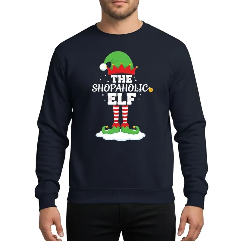 Festive Shopping Lovers' Vibrant Green Elf Hat 'Shopaholic Elf' Text Red Striped Socks Gold Jingle Bells Snowy Accents Sweatshirt - 1