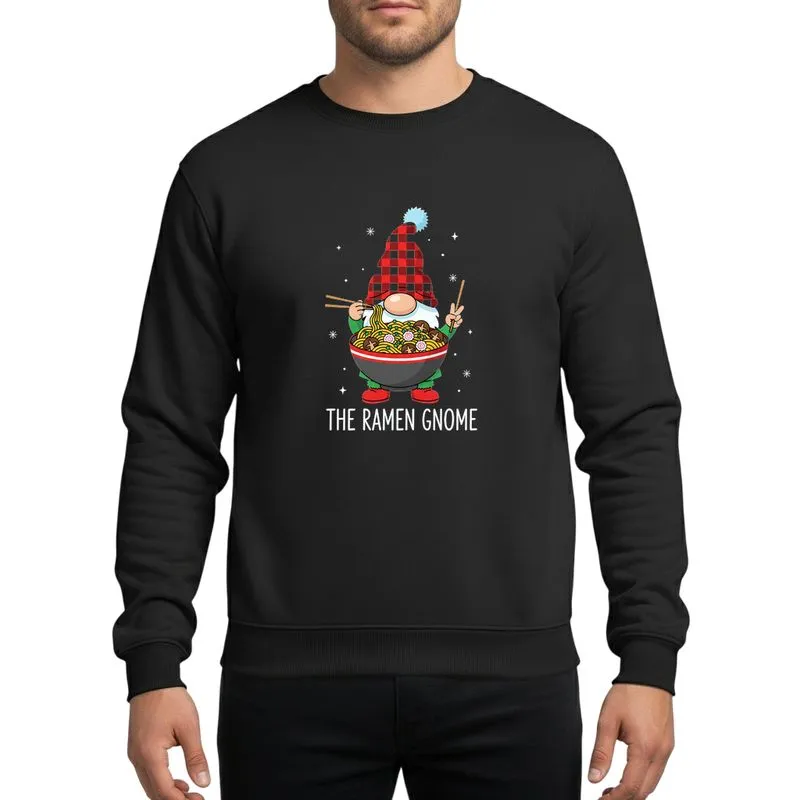 Festive Families Whimsical Cartoon Ramen Gnome Red Buffalo Plaid Hat Noodles Starry Snowflake Art Sweatshirt - 1