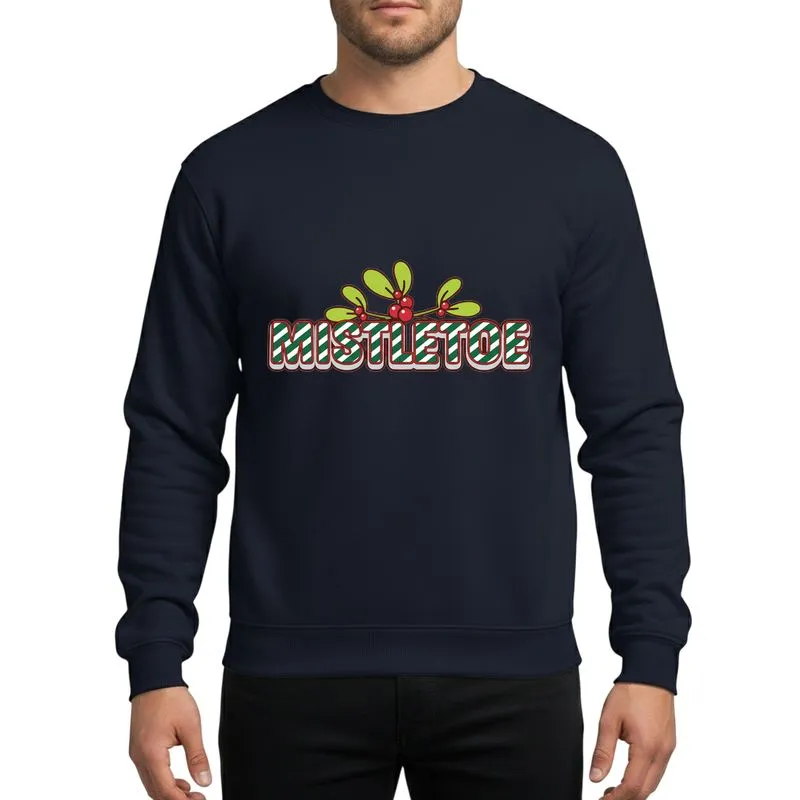 Holiday Enthusiasts' Bold 3D MISTLETOE Text, Candy Cane Green White Stripes, Dark Red Outline, Lime Green Mistletoe, Bright Red Berries Holiday Art Sweatshirt - 1