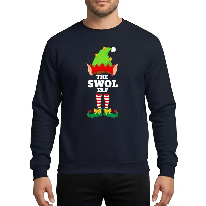 Holiday Party-Goers' Humorous Swol Elf Graphic: Lime Green Hat, Red Striped Socks, Gold Bells & Yellow Bows Sweatshirt - 1