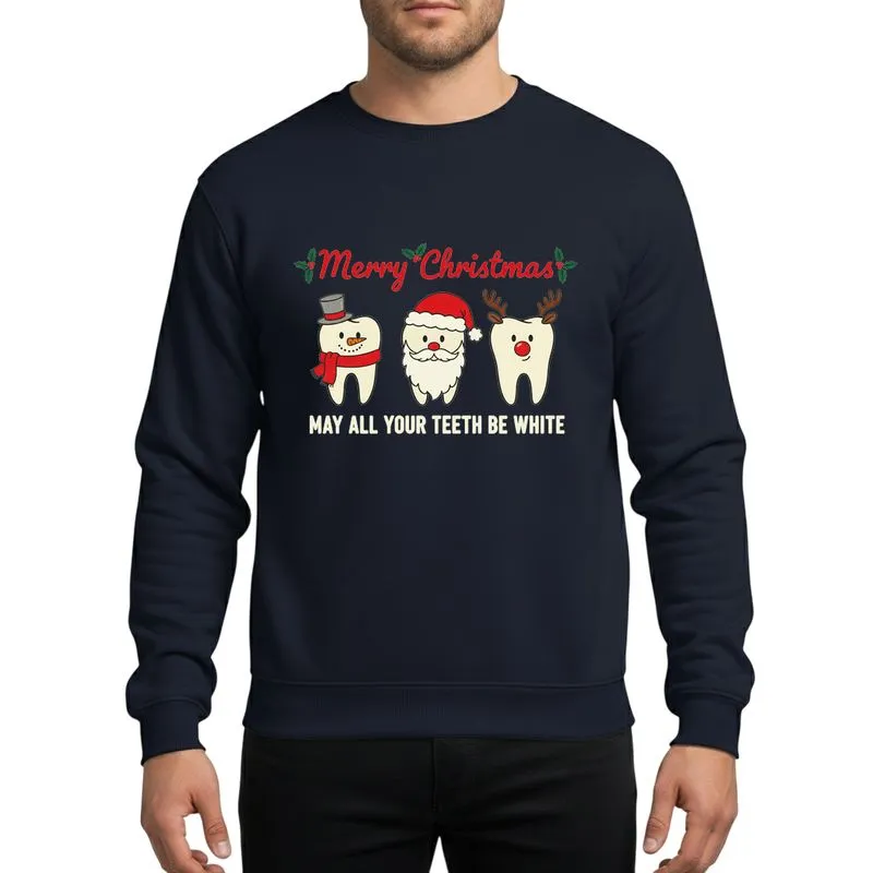 Dentistry Lovers' Whimsical Christmas Snowman Santa Reindeer Tooth Graphic Red Green Holly Text Sweatshirt - 1