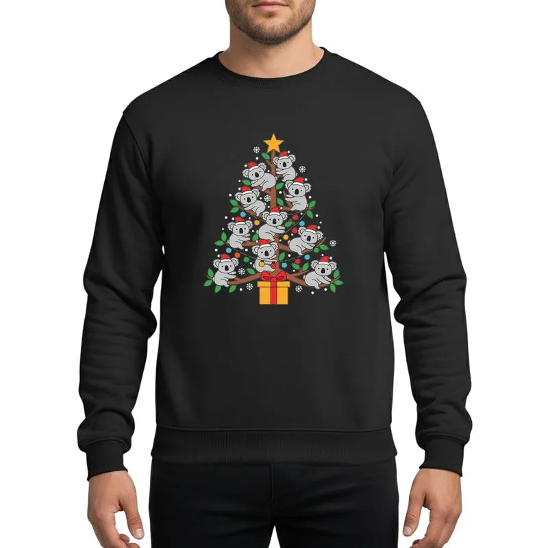 Family Holiday Fans' Playful Gray Koala Christmas Tree Red Santa Hats Green Leaves Multi-Color Lights Orange Star Sweatshirt - 1