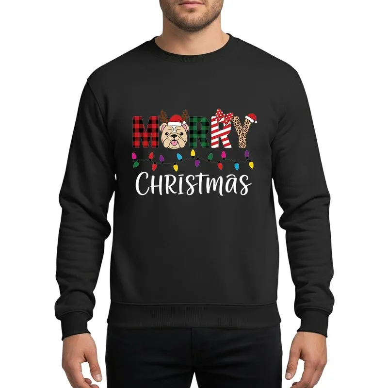 Holiday Dog Lovers' Merry Christmas Bulldog Red Buffalo Plaid Candy Cane Leopard Lights Sweatshirt - 1