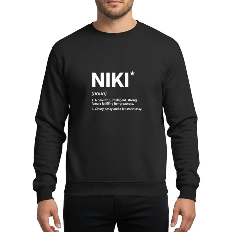 Women's Minimalist Bold White Niki Name Dictionary Definition with Star Accent on Green Sweatshirt - 1