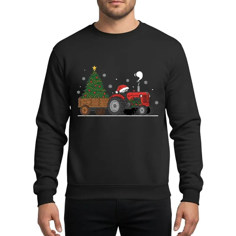 Christmas Enthusiasts' Vibrant Red Tractor Holiday Tree Rustic Art with Santa Hat, Gold Star & Snowflakes Sweatshirt - 1