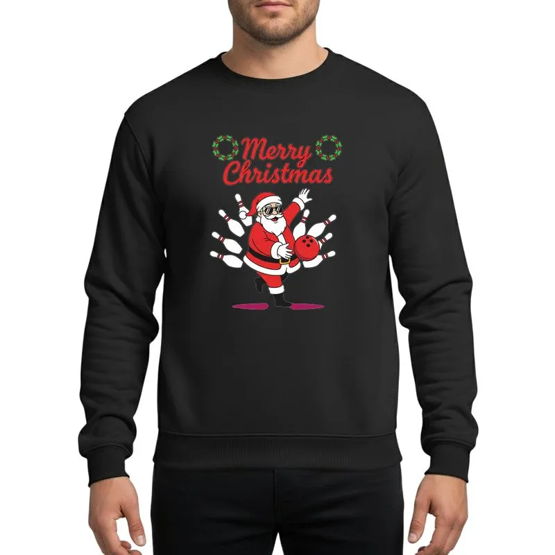 Christmas Celebrators & Bowling Enthusiasts Vibrant Bowling Santa with Red Ball, White Pins, Green Holly, and Festive Merry Christmas Script Sweatshirt - 1