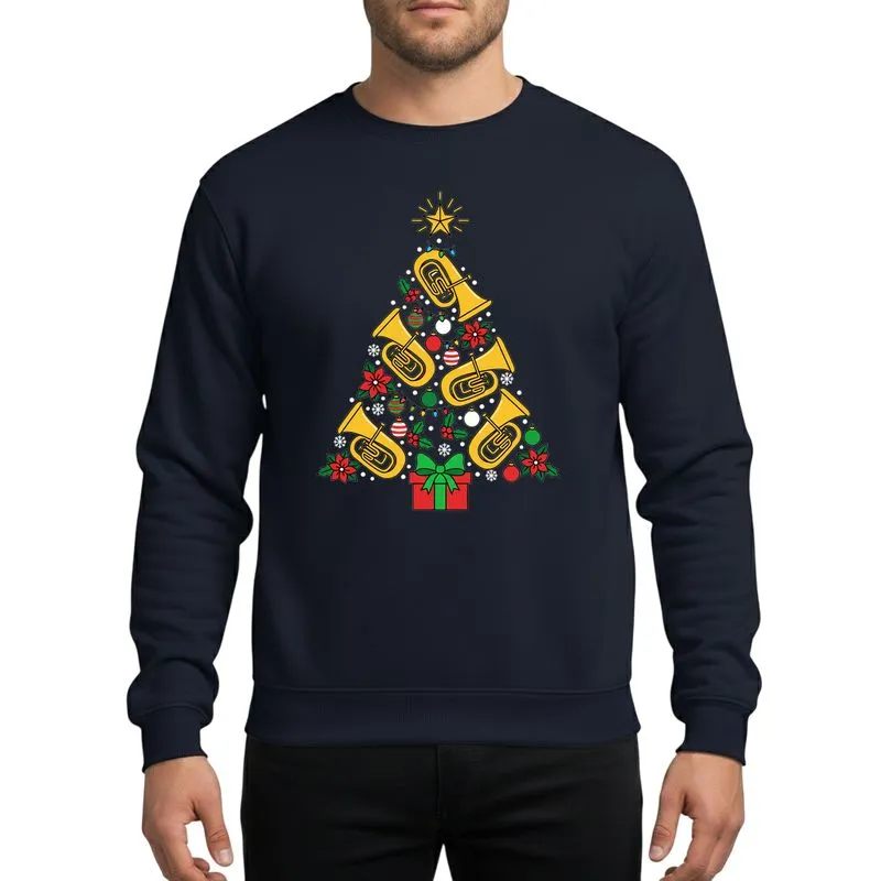 Music Lovers' Golden Yellow Red Green Brass Instrument Christmas Tree with Poinsettias Holly Star Gift Box Sweatshirt - 1